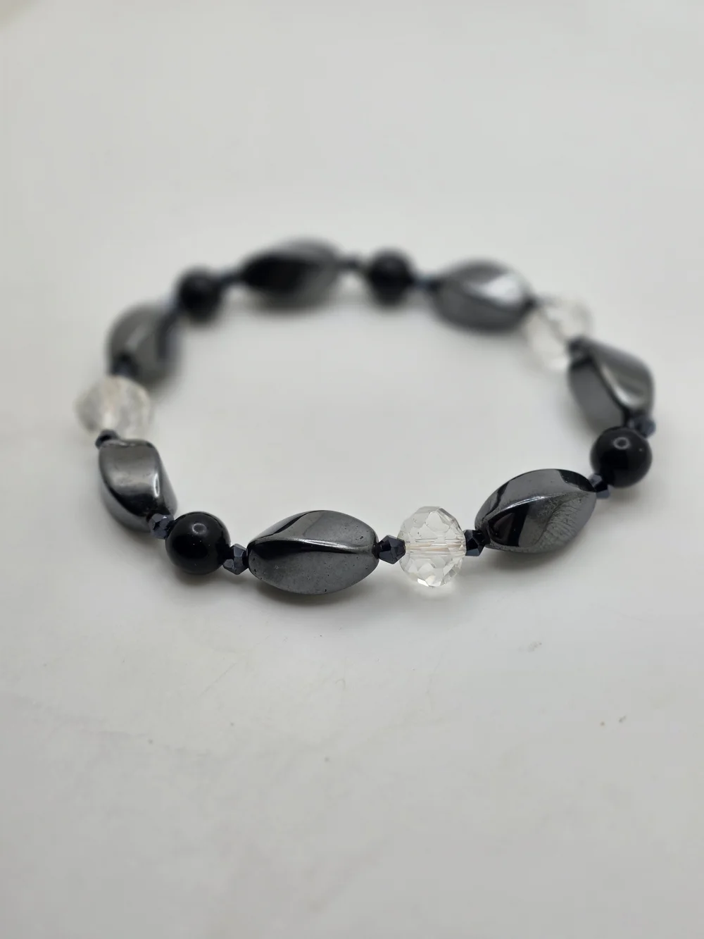 Black Hematite and Clear Crystal Beaded Stretch Bracelet